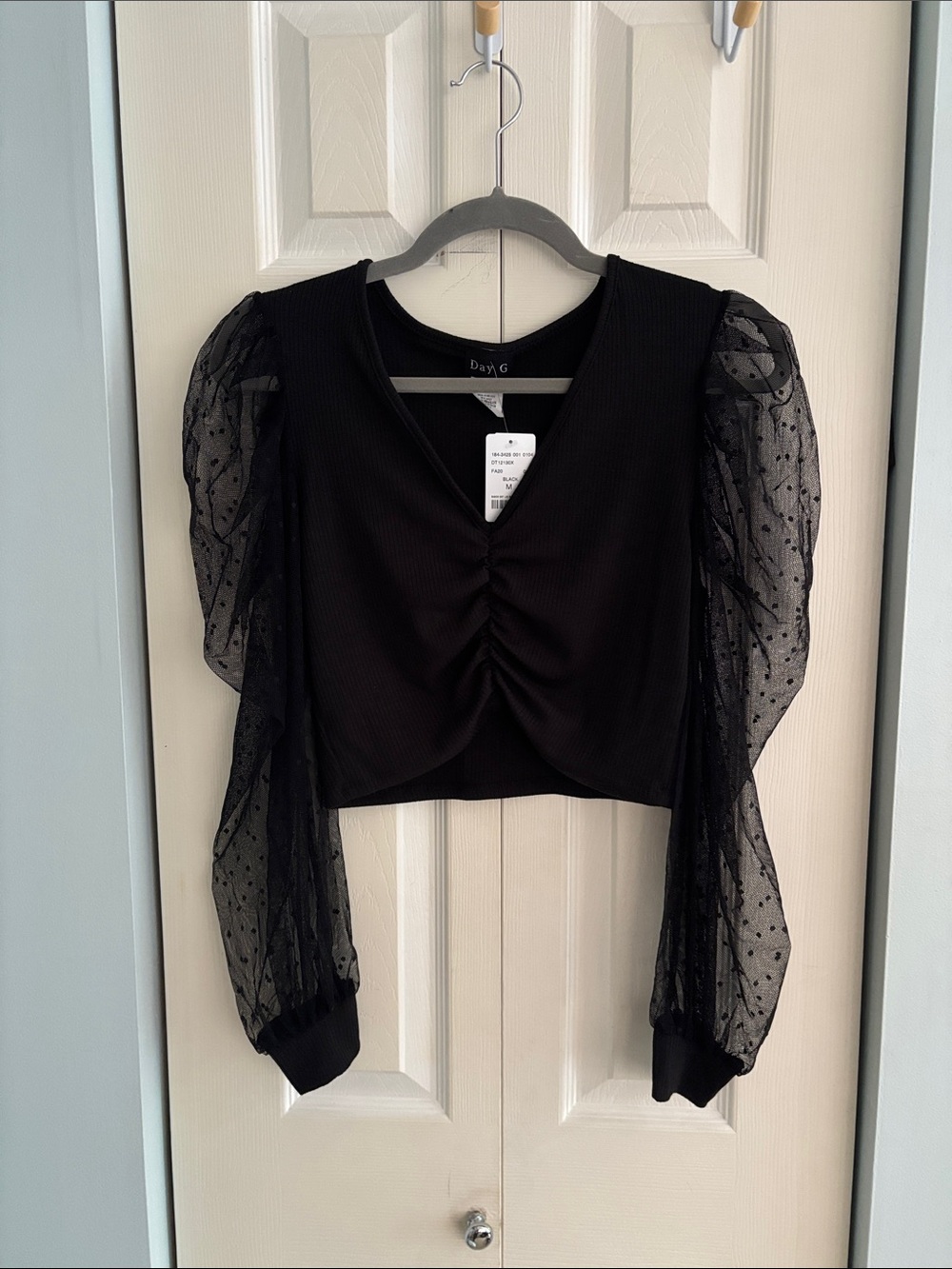 NWT Black Sheer Puff-Sleeve Cropped Top